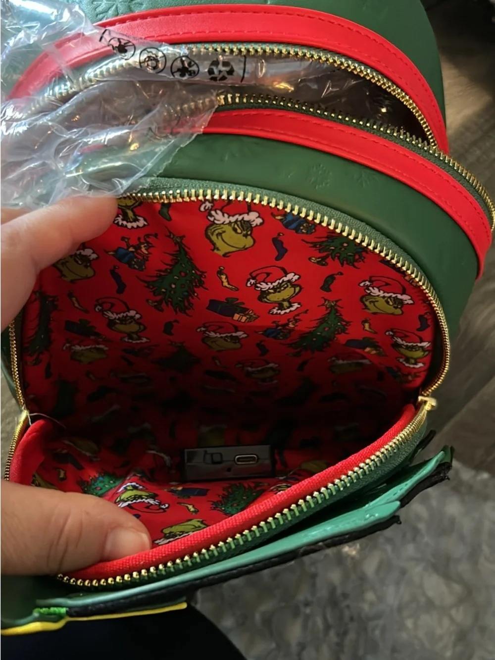 Loungefly Green Grinch Christmas Tree Backpack lights up star